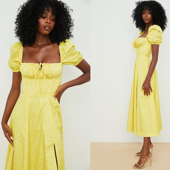 HOUSE OF CB 'Tallulah' Yellow Floral Puff Sleeve Midi Dress NWOT - Picture 4 of 11